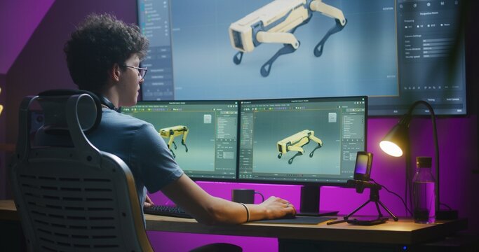 Young 3D designer creates robot 3D visualization and prototype, works on project at home on computer and big digital screen with professional program interface and tools for 3D modeling and design.