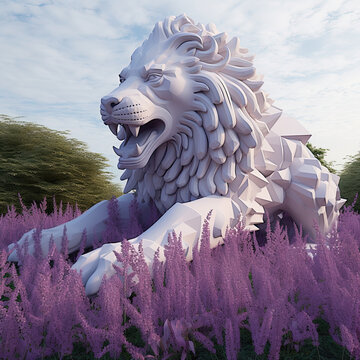a lion statue in the middle of a field of tall purple flowers and trees with a blue sky behind it