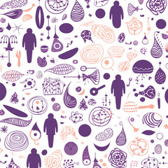 Seamless pattern of a couple with different symbols of love and motherhood.