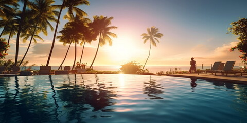 Plakat romantic resort pool, blurred light hammock on beach , palm trees, exotic flowers,green sea water, people silhouette sit on background ,generated ai