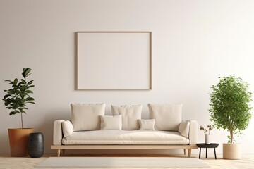 a modern and minimalist living room with a cozy white couch and vibrant potted plants
