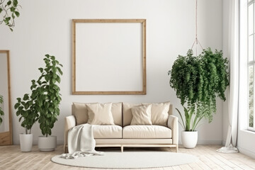 Create a tranquil oasis in your home with this beautiful living room featuring a white couch, green potted plants, and a mockup frame on the wall. AI Generative.