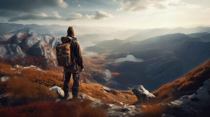 Hiker enjoying the view on a mountain, generative AI