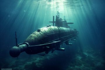 Large metal submarine underwater