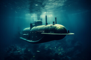 Large metal submarine underwater