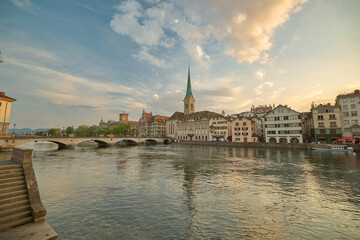 Beautiful sunset in the old town of Zurich, Switzerland.