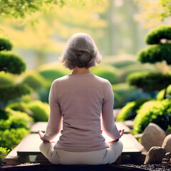 Fototapeta premium Gray haired woman seen from back meditating in lotus position in a perfectly tended zen garden
