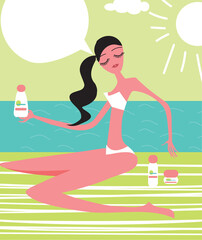 Young girl sunbathes on a beach and caring about her skin health Illustration