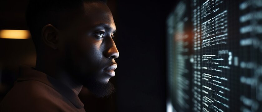 African American man programmer looking at lines of code on a screen. Generative ai