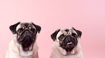 Two cute  beige pug dogs sitting on a , pink studio background with copy space. happy birthday card with pets. Ai generative