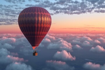 Lonely hot air balloon floating on the sky above the clouds. Generative ai