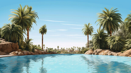 Fototapeta premium Beautiful wide format photorealistic detailed image of a swimmingpool with a small waterfall in the background, bright blue water, surrounded by some palm trees on a bright summer day