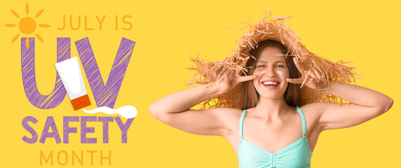 Young woman with sunscreen cream on her face against yellow background. Banner for Ultraviolet...