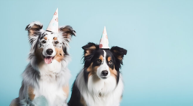 Two cute Australian Shepherd; Border Collie dogs  in birthday cap celebrating a birthday, sitting on a blue studio background with copy space. happy birthday card with pets.