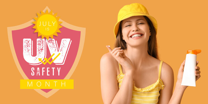 Young woman applying sunscreen cream against color background. Banner for Ultraviolet Safety Month