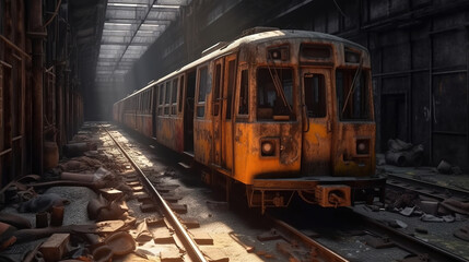 Obraz premium Abandoned train wreck. Grungy abandoned underpass. Future post apocalypse environment concept. Neural network AI generated art