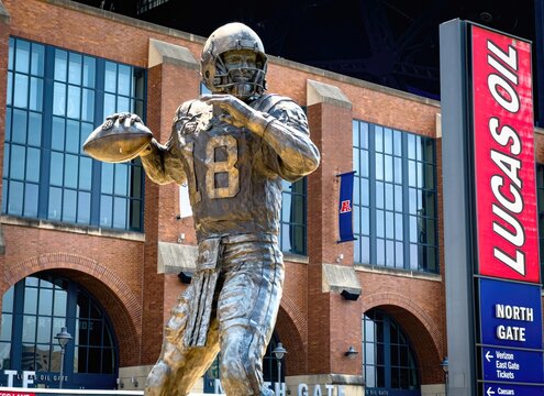 Peyton Manning statue in front of Lucas Oil Stadium in Indianapolis - INDIANAPOLIS, USA - JUNE 07, 2023