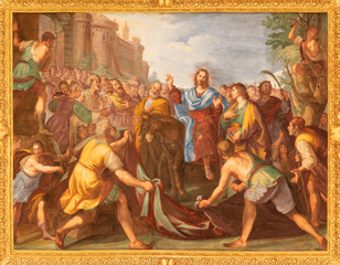 GENOVA, ITALY - MARCH 6, 2023: The fresco of Entry of Jesus in Jerusalem - (Palm Sunday) in the church Basilica della Santissima Annunziata del Vastato by Giovanni Carlone (1590–1630).