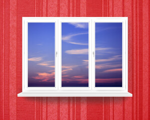 window in the room with view to dark sunset. Modern window frame in the room with luxury wallpaper