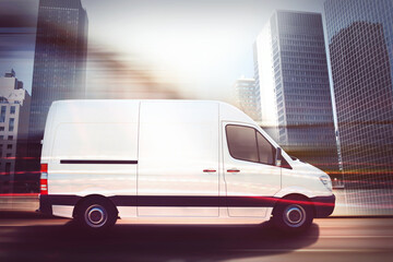Moving truck on a city road with skyscrapers background. 3D Rendering