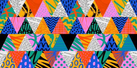 Colorful triangle seamless pattern with collage art texture. Modern contemporary art background, triangles geometric shape hand drawn print, maximalist patchwork paint wallpaper. - obrazy, fototapety, plakaty