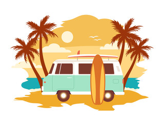 Vintage summer surf poster with a mini van vector illustration. Summertime, Beach vacation, water activity. T-shirt print