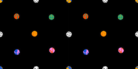 Colorful circle polka dot seamless pattern with collage art texture. Modern contemporary art background, round geometric shape hand drawn print, maximalist graffiti paint wallpaper.