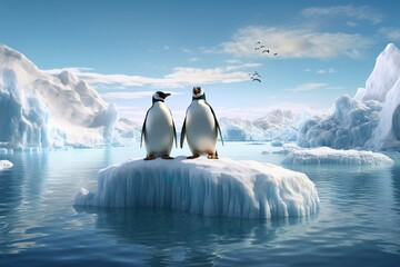 penguins stand on melting ice in Arctic Ocean at daytime, global warming concept, world global planet climate change. Two cute emperor penguins confused by ice melting. Generative AI - obrazy, fototapety, plakaty