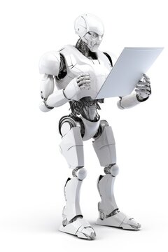Human white robot holding white paper. White anthropomorphic robot isolated on white background