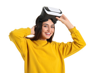 Happy young woman with VR glasses isolated on white background
