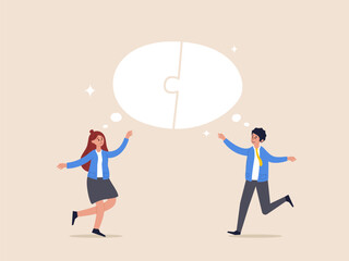 Receive information concept. Business communication skills, explain idea, speak, tell and listen to coworkers, work discussion or success send, business people connect speech bubble jigsaw puzzle.