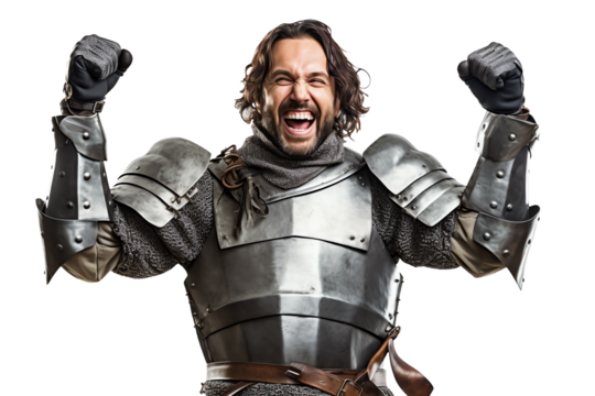 Handsome man in knight armor cheering isolated - Generative AI