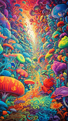 Fototapeta premium colorful mushroom trip vibrant hallucination ai gen