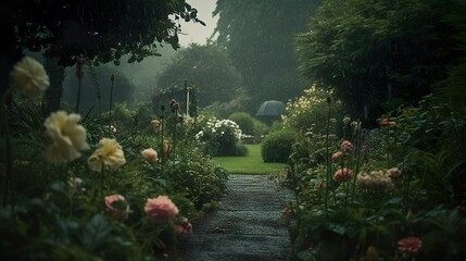 Fototapeta premium Wilder Garten im Sommer regen, generative AI