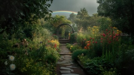 Wilder Garten im Sommer regen, generative AI