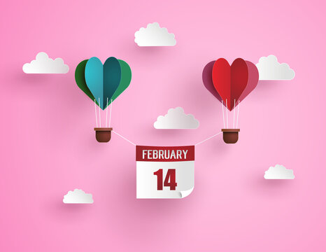 Illustration of love and valentine day,Origami made hot air balloon in a heart shape with massege 14 february floating on the sky.paper art and craft style.