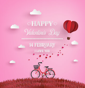 Illustration of love and happy valentine day,Red bikes parked on the grass with heart shaped balloons  floating on the sky with message. paper art and craft style.