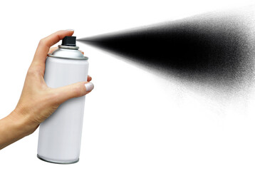 Black jet dispersion from an aerosol can in female hand on white background