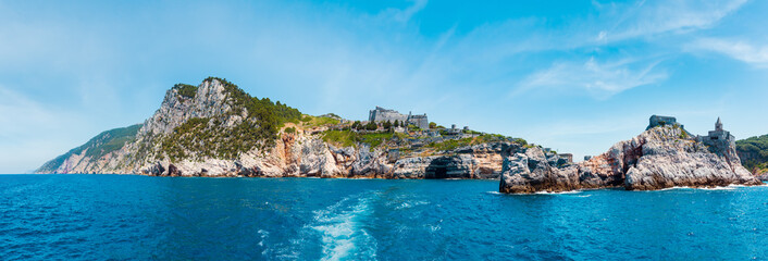 Beautiful medieval fisherman town of Portovenere (UNESCO Heritage Site) view from sea (near Cinque...
