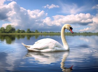 White swan in the foggy lake at the dawn. Morning lights. Romantic background. Beautiful swan. Cygnus. Romance of white swan with clear beautiful landscape. Created with Generative AI technology. - obrazy, fototapety, plakaty