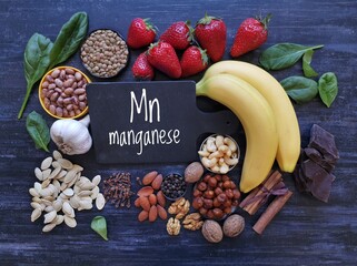 Foods rich in manganese with the chemical symbol Mn for the chemical element manganese. Natural...