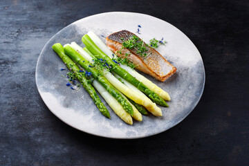 Traditional steamed green and white asparagus with salmon fillet and herbs served as close-up on a design plate with copy space