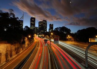 Express lanes to the City, Sydney Central Business District, car light trails from a long exposure...