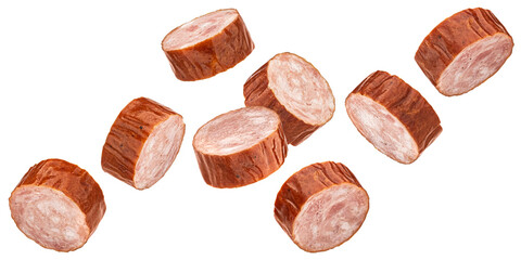 Smoked bratwurst sausage slices isolated on white background