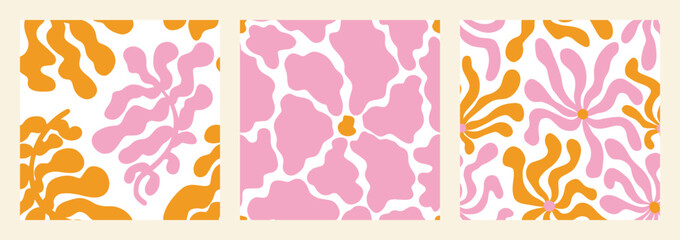 Curve Matisse Aesthetic Pattern Set. Abstract Groovy Flowers and Leaves in Hippie 1970 style. Naive Vector Illustration in Pink and Orange Colors. Backgrounds for T-Shirts, Wallpaper, Case Phone.