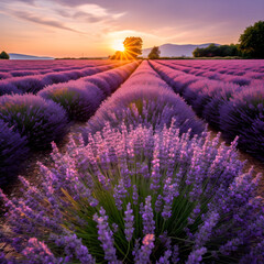 Fototapeta na wymiar Sunset in a field of lavender, generative AI illustrations
