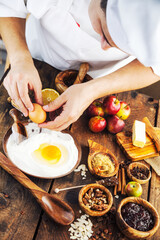 Baking concept background. Baker with ingredients for pastry desserts. Apples, lemon, sugar, walnuts