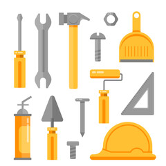 Set of metal bolts, screws, wrench and hammer. Service tools. Industry hand drawn flat collection. Industrial equipment