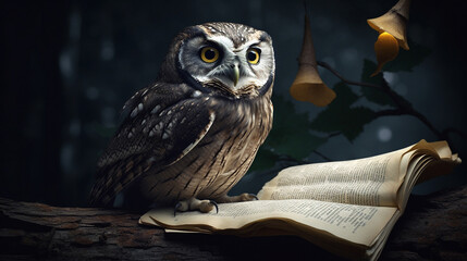 owl on a tree, night owl sits on an oak branch with a scientific term paper, generative ai