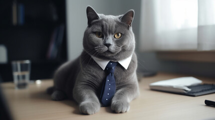 gray cat in a tie with a tablet is in the office, generative ai